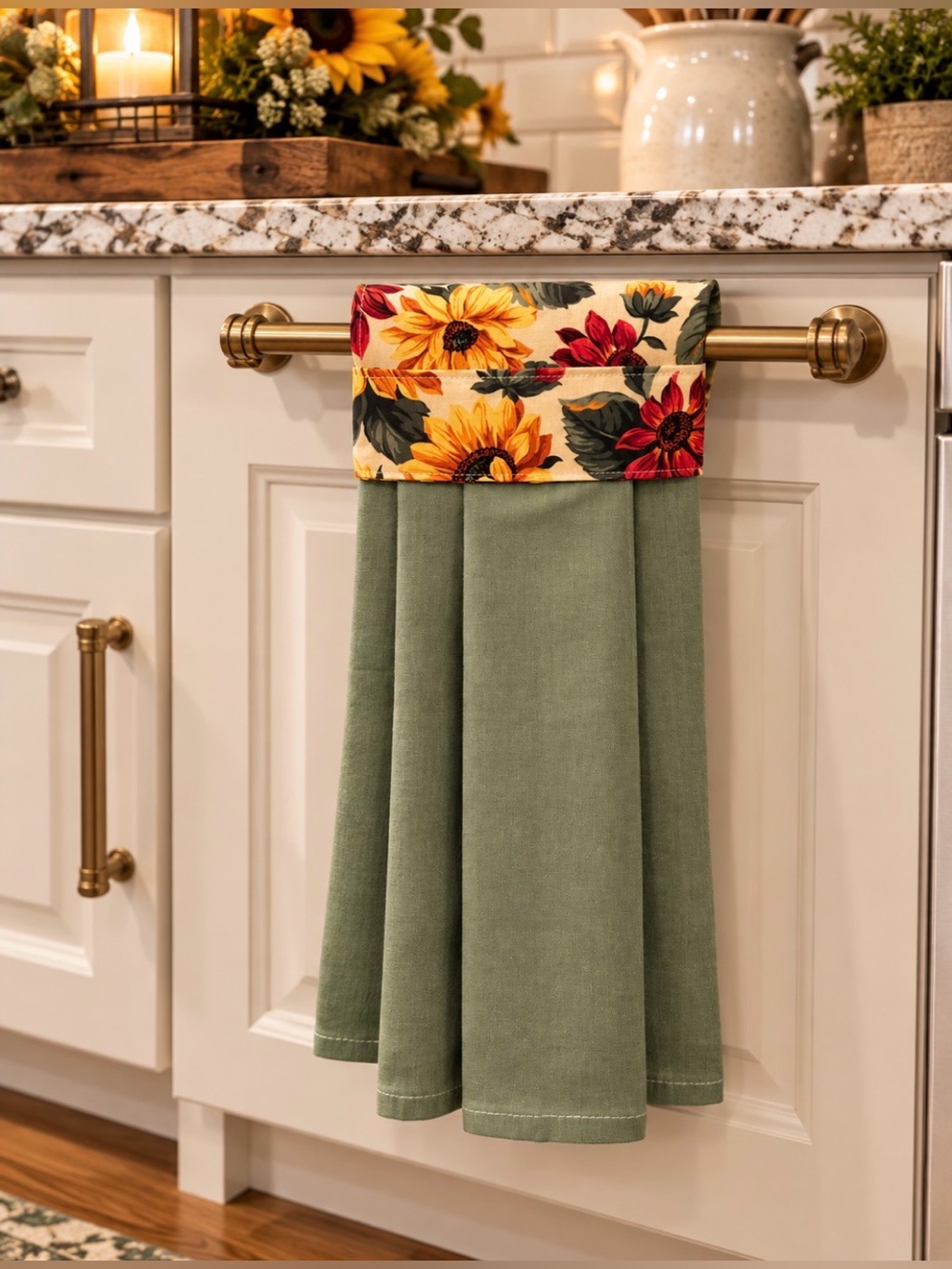 Sunflower Accent Kitchen Hand Towel - Green with Floral Cuff